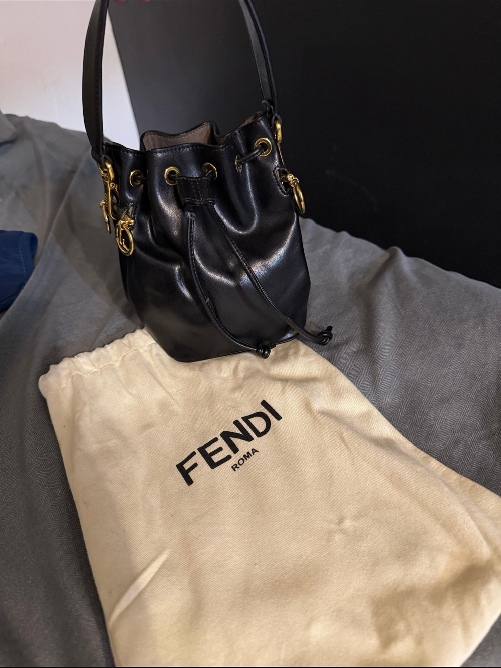 Fendi Brown Leather Drawstring Bucket Bag with Gold Hardware